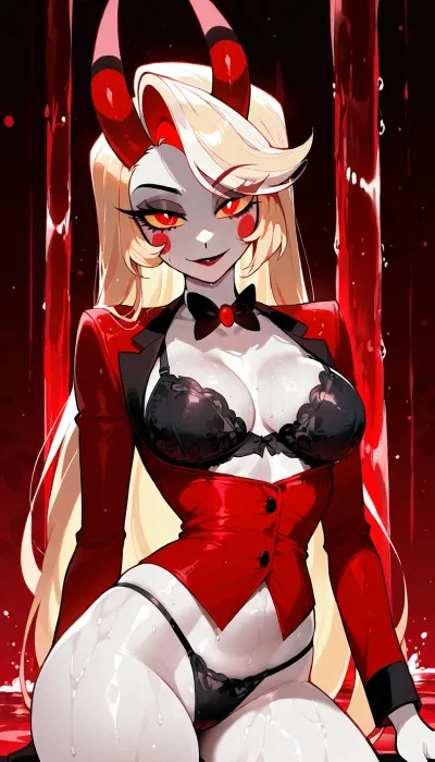 Charlie Morningstar from Hazbin Hotel, light blonde hair, pale skin, glowing red eyes, demon form, red straight horns, slender body, medium breasts, black bra, unbottoned Red formal-casual demonic suit, black thong, bedroom eyes, red waterfall background, wet glistening body, sexy pose