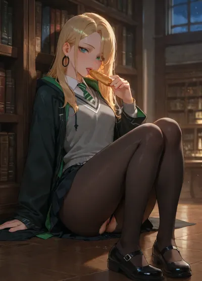masterpiece, best quality, malfoid, 1girl, solo, blonde hair, green ringed eyes, hair behind ear, parted hair, long hair, asymmetrical bangs, small breasts, white crotchless micro thong, torn hogsly uniform, grey sweater vest, white collared shirt, diagonal-striped necktie, green necktie, white necktie, two-sided robe, hooded robe, hood down, black robe, green robe, black pleated skirt, black hoop earrings, upper body, long sleeves, open robe, black pantyhose, black mary janes, sitting, library, eating, hand up, licking, night, starry sky, dark cloud, leaking grool, pussy juice puddle, an ultra-clean, extremely detailed, highly polished anime-inspired visual style featuring crisp vibrant colors, refined stylized shading, smooth painterly gradients, and flawless high-definition rendering., a semi-realistic cartoon drawing style with bold, clean black outlines, highly detailed and polished rendering. masterpiece, ultra-detailed, full body shot, head to toe visible, complete character framing