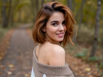 Candid snapshot of a self-conscious mid-twenties woman posing shyly as she stands along an idyllic autumn forest path.

She wears a stylish sweater in neutral earthy-tones slipping off one shoulder.

Her thick bobcut hair is styled in voluminous textured layers with a sultry copper-auburn hair color in a chic swept-back look, while dark eyebrows frame her face.

Cheeks flushed as she blushes prettily in the cool air, her luscious soft lips quirked in a sheepish lopsided grin revealing her adorable overbite, side-eye glance as she looks away bashfully. The photo is an amateur showcase of a handsome girl-next-door esthetic creating non-conventional beauty and charm. Natural skin complexion and hair texture in an unprocessed RAW photo.