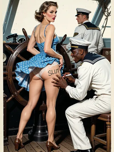 This is is a detailed a classical illustrative style depicts a scene set in 1950s, bright, colorful colors, very beautiful Russian married woman 40 years old noble light-brown elegant hairstyle, slender, wide hips, elicate noble facial features, Anna is dressed in blue polka dot summer sundress And brown shoes, stands in the dark wheelhouse on the ship, slightly smiling, Her legs are slightly apart, the wind blows her hem of the sundress, her white lace panties are visible, Black African sailor in white fully uniform, who is laughing, and and writes the word “SLUT” on the woman’s buttock with a marker, In the background, you can see the figure of a captain in full marine officer's uniform, facing away from the camera, he has a European appearance. rear back view, The overall mood is intense, rendered in fine, expressive line work and subtle shading, evoking the style of 1950s satirical or moralistic illustrations.