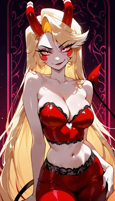 High Quality, perfect eyes, perfect hands, Charlie Morningstar from Hazbin Hotel, light blonde hair, pale skin, glowing pink eyes, glowing pink sclera, demon form, red straight horns, slender body, medium breasts, small thin waist, sexy face, red Strapless Crop-Top, red harem pants, black lace g-string, cleavage, bedroom eyes, sexy smirk, sexy dancing pose, demon tail, Arabian brothel background