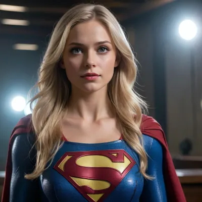 Young, verry attractive Supergirl, long blond hair, full breast.
