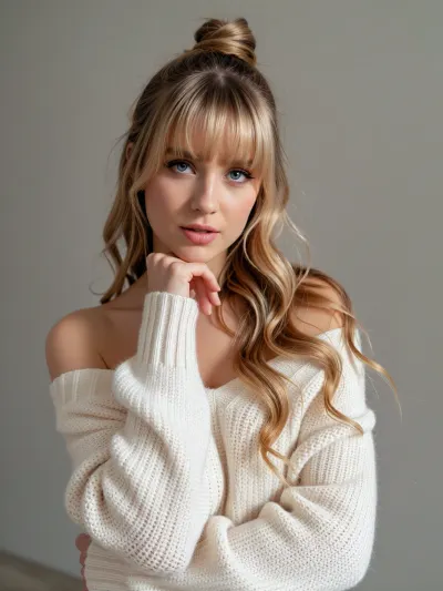 a radiant young woman with striking blue eyes and defined brows gazes directly at the camera, head slightly tilted to her right, lips parted in a soft, neutral expression. Her light blonde hair is styled in an effortless fringe high bun with loose, wavy strands framing her face and cascading over one shoulder, highlights blend seamlessly into darker roots. She rests her chin on her left hand, subtly suggesting contemplation or poise. She wears a chunky-knit off-the-shoulder sweater made of cream-colored wool blend, featuring a ribbed texture with visible vertical ridges and a relaxed, oversized fit that drapes naturally across her shoulders. The fabric shows slight sheen under light, indicating warmth and softness. No props are present. Only subtle ambient movement—hair strands catching air—adds life without distraction. Medium close-up shot, eye-level angle, shallow depth of field blurs background while keeping focus sharply on facial features and upper torso. Negative space frames her against a plain, light-gray wall. Balance is centered, emphasizing symmetry of face and shoulder line. Lighting is soft diffused, likely from a window source, casting gentle shadows beneath cheekbones and along jawline. Background, minimalist studio setting with uniform matte gray wall, no architectural elements or clutter. Spatial depth minimal, reinforcing subject isolation. Lighting, even, flattering softbox illumination with no harsh shadows. Color palette is muted earth tones accented by warm skin glow and honey-blonde hair highlights. Contrast low, creating serene, intimate mood.