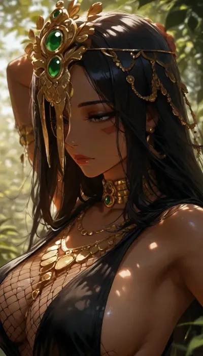 female shaman, tan skin, black long hair, ornate golden forehead jewelry and a delicate gold half-mask framing the eyes and nose, with a central emerald gemstone, expose mouth and lips, golden necklace, neckline, fishnet sling top, fur and leaves cope, dappled light, dappled sunlight, armpits, (side view:.8), <lora:MJ52:.8>, <lora:attractive_notrigger:.8>, <lora:BUT_SDXL_SHS:.8>, <lora:Jeweled eyes-NAI:1.2>, <lora:dark:.1>