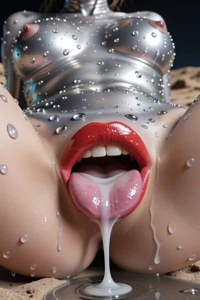 GOLN BULJ, Mutant girls live on a desert planet where mercury is replaced by water, They have silvery skin with a sheen like mercury.They have no teeth, just thick lips covered in sticky lipstick. very large lips with a red outline smoothly turning into pink.the anus, which looks like lips, is depicted in detail. they have lips instead of an anus, and a big, plump pussy with iridescent iridescences. a whitish liquid oozes out of the pussy. The sexy pose shows off the beauty of her genitals., (exact match to the description), The style of the 50s, (thick big red lips, thick green eye shadow:1.3), the skin is completely covered with countless droplets of mercury of different sizes that shimmer in the light, droplets flow down and cling to soft curves, the nipples are slightly raised, with a natural texture and purple areoles reflecting soft directional light from above, creating bright highlights and smooth gradients, high-contrast monochrome, pure shades of gray, no color