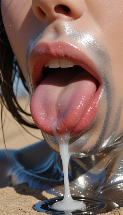 GOLN BULJ, Mutant girls live on a desert planet where mercury is replaced by water. They have silvery skin with a sheen like mercury. very large lips with a red outline smoothly turning into pink. they have lips instead of an anus, just like a mouth, and a big, plump pussy with iridescent iridescences. a whitish liquid oozes out of the pussy. The sexy pose shows off the beauty of her genitals.
