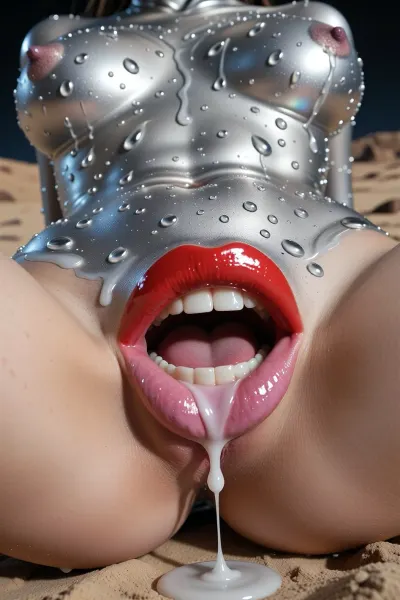GOLN BULJ, Mutant girls live on a desert planet where mercury is replaced by water., (no teeth), They have silvery skin with a sheen like mercury.They have no teeth, just thick lips covered in sticky lipstick. very large lips with a red outline smoothly turning into pink.the anus, which looks like lips, is depicted in detail. they have lips instead of an anus, and a big, plump pussy with iridescent iridescences. a whitish liquid oozes out of the pussy. The sexy pose shows off the beauty of her genitals., (exact match to the description), The style of the 50s, (thick big red lips, thick green eye shadow:1.3), the skin is completely covered with countless droplets of mercury of different sizes that shimmer in the light, droplets flow down and cling to soft curves, the nipples are slightly raised, with a natural texture and purple areoles reflecting soft directional light from above, creating bright highlights and smooth gradients, high-contrast monochrome, pure shades of gray, no color