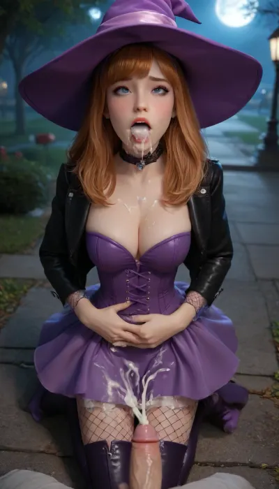 masterpiece, high res, 4k, insane res, detailed face and body, (Daphne Blake:1.3), 25 year old model, hourglass body shape, big ass, perfect breasts, ((ahegao, mind break, on her knees, fucked in her mouth by a ghost, fellatio, deep throat, cumshot, cum)), in the park, at night, dimmed street lighting, full moon, (wearing a sexy witch costume in black and purple, a long pointy hat, barely visible corset, tight leather coat with substantial cleavage, spacious skirt, covering hips, slutty fishnets, high boots), pov from above