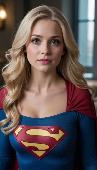 Young, verry attractive Supergirl, long blond hair, full breast, full bust.