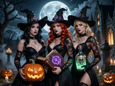 Three witches in a cemetery at night under a huge full moon. The first is a witch with long, black, wavy hair, dark makeup, and purple lips, she wears a black pointed hat with a purple gem and pendants, and a black corset dress with a plunging neckline, and is holding a large, glowing orange Jack-o’-lantern. The second is a witch with long orange-red hair, wearing a black hat with a purple gem and a purple ribbon, a black dress with a deep neckline and lace trim along the décolletage and lace sleeves, holding an open book with a glowing purple symbol on the cover. The third is a witch with long blonde hair, wearing a black pointed hat with a purple gem, a seductive black dress with a high slit and a plunging neckline, she is holding a glowing green bottle with a skull on the label. In the background is a Gothic chapel with illuminated windows, gravestones, bare trees, fog, burning candles, and jack-o’-lanterns. Dramatic moonlight, a mystical Halloween atmosphere, detailed faces and clothing, an illustrative-realistic digital art style, and high quality.