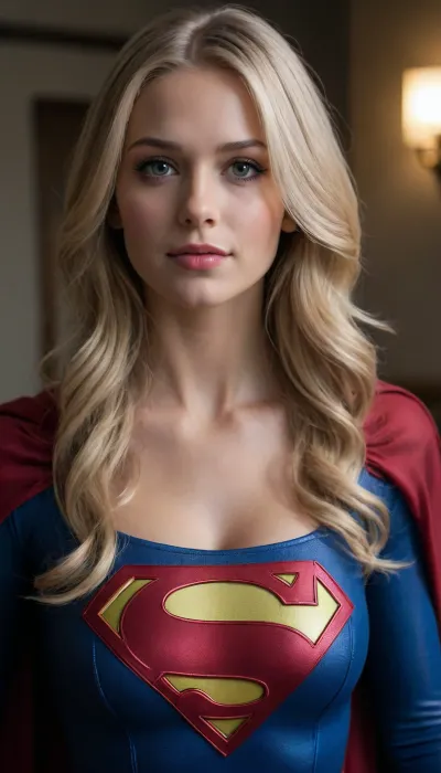 Young, verry attractive Supergirl, long blond hair, full breast.
