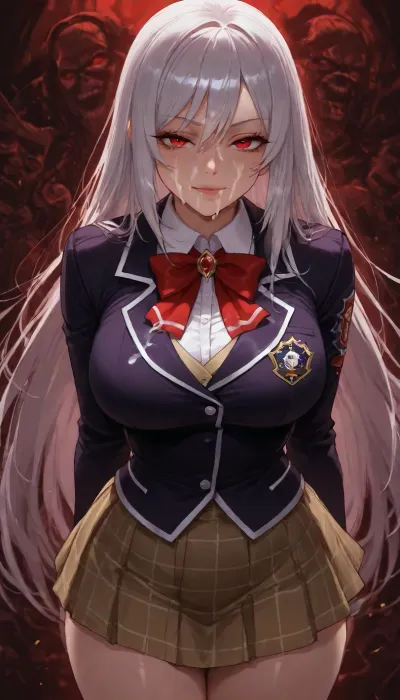 the image is from the hips to the crown, Moka Akashiya from Rosario + Vampire, (vampire mod, silver hair), (((cum on face))), Youkai Academy uniform, disdainful face, evil face, looks with hatred, The beholder looks at her from the bottom to the top