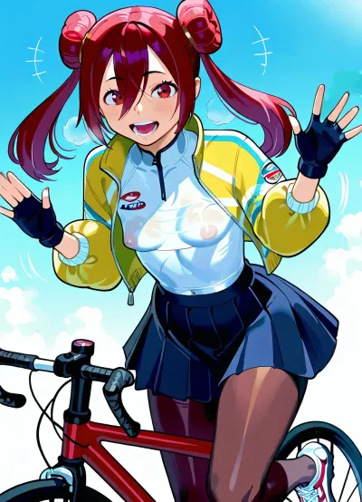 gradation background, blur background, 1 petit girl, her short arm, her short leg, Takamichi illustrator painting character, her blue straight hair, her bun hair with twin pigtails, her fully long bangs, her hair flown by slow wind, her detail dark crimson eyes, her clear rips, her mouth modestly yelling greetings with modestly weak waving own hand, her compression exercising shirt, her white yellow lined short rider jacket over her flat breasts over shape of puffy nipple and her skinny abdomen, her curvy legs with seethrough brown pantyhose painted as realtouch, her short pleats skirt, her road racer bicycle, her white sports shoes, her fingerless gloves