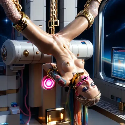 (spacecraft white very large control room:1.4), ((closeup narrow very beautiful innocent looking face view:1.8)), (young low skinny girl with fake implanted spherical breasts:1.6), ((build-in restrained high large gold pouf presentation sci-fi device:1.8)), (restrained upside down build-in huge white machine:1.5), (arms build-in behind:1.4), (very shapely legs very spread apart build-in up:1.7), (perfect:1.5), (very beautiful petite totally restrained girl:1.5), (Ukrainian model young cutie:1.4), (sweaty:1.1), ((slender fit skinny body:1.7)), ((small thin waist:1.7)), ((very large distance between legs:1.7)), (very wide very low pelvic:1.4), (wide shoulders:1.7), (nipple ring piercings:1.3), ((very beautiful light blue-grey eyes:1.7)), (perfect glowing light pink thin lips:1.5), (light glowing white electronic wide mouth spreader ring gag:1.7), (very wide long wide smooth light tongue out up:1.5), (open very wide pussy:1.5), (wide open mouth:1.7), (light blonde with rainbow smooth silky straight hair ponytail:1.5), ((very large distance between rounded spherical breasts:1.7)), (tan fair skin:1.5), (thin beautiful eyebrows), (very gorgeous:1.5), (sexy:1.4), (satisfied:1.6), (glowing pink massive very oversized electronic collar device:1.7), (tattooed body:1.4), (glowing tattoos:1.3), (seductive sexy makeup:1.5), (very long eyelashes:1.5), lipstick, (stunning:1.3), (dimples:1.4), (white sneakers:1.3), (glowing pink fishnet stockings:1.5), (barcode on boob:1.4), (many children's toys:1.5), (masterpiece), <lora:Microwaist_XL_v01:1.5>, <lora:sexmachine_XL_0_:.5>
