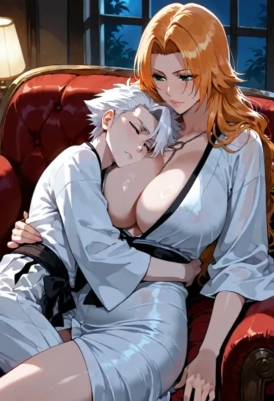 Toshiro Hitsugaya, (Petite male, short white hair, green eyes, pale skin, Bleach), and Rangiku Matsumoto, (Tall female, venus body, giant boobs, purple eyes, long Orange hair, Bleach), cuddling on the couch in an old appartment at night. white robes, couple cuddling, old couch, moonlight, midnight, moody lighting, masterpiece.