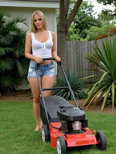 beautiful 24 year old woman, curvaceous, tiny blue jeans shorts, white sleeveless tank top tied under her breasts, pushing a lawn mower
