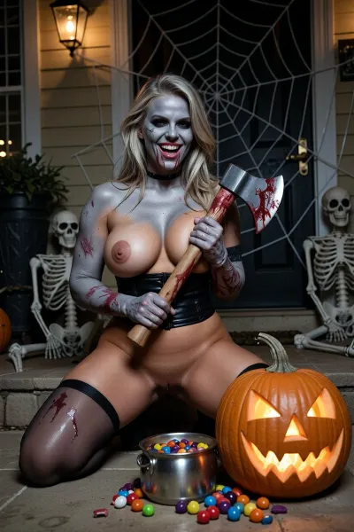 46 year old woman, very beautiful, ((curvaceous)), dressed as a zombie for Halloween with a bloody axe in her hand, grey skin make up, evil grin on her face, big scary lit pumpkin next to her, skeletons in the back ground, a pot of candy by her feet, a big spider's web behind her, on her front porch