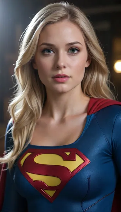 Young, verry attractive Supergirl, long blond hair, full breast, viewed, From the Waist Up.