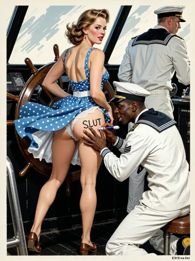 This is is a detailed a classical illustrative style depicts a scene set in 1950s, bright, colorful colors, very beautiful Russian married woman 40 years old noble light-brown elegant hairstyle, slender, wide hips, elicate noble facial features, Anna is dressed in blue polka dot summer sundress And brown shoes, stands in the dark wheelhouse on the ship, slightly smiling, Her legs are slightly apart, the wind blows her hem of the sundress, her white lace panties are visible, Black African sailor in white fully uniform, who is laughing, and and writes the word “SLUT” on the woman’s buttock with a marker, In the background, you can see the figure of a captain in full marine officer's uniform, facing away from the camera, he has a European appearance. rear back view, The overall mood is intense, rendered in fine, expressive line work and subtle shading, evoking the style of 1950s satirical or moralistic illustrations.
