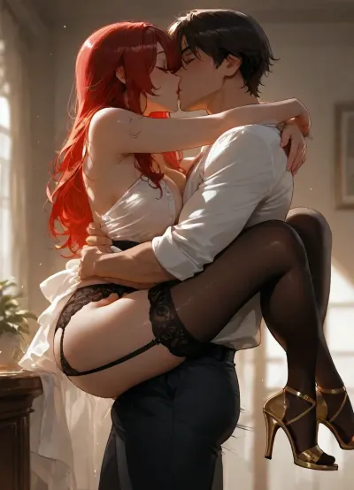 standing hug sex, man hug up woman, man's hands on woman's hip, woman suspending in the air, high up knees, cross legs lock, kissing, side view. woman wears unbuttoned white shirt, no bra, garter belt, black stocking, lipstick, red long hair, golden heels sandals., <lora:MJ52:.8>, <lora:attractive_notrigger:.8>, <lora:BUT_SDXL_SHS:.8>, <lora:Jeweled eyes-NAI:1.2>, <lora:dark:.1>