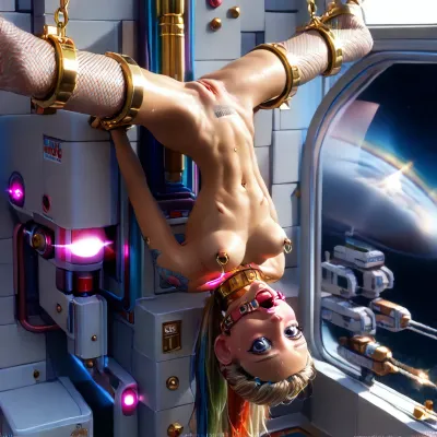 (spacecraft white very large control room:1.4), ((closeup narrow very beautiful innocent looking face view:1.8)), (young low skinny girl with fake implanted spherical breasts:1.6), ((build-in restrained high large gold pouf presentation sci-fi device:1.8)), (restrained upside down build-in huge white machine:1.5), (arms build-in behind:1.4), (very shapely legs very spread apart build-in up:1.7), (perfect:1.5), (very beautiful petite totally restrained girl:1.5), (Ukrainian model young cutie:1.4), (sweaty:1.1), ((slender fit skinny body:1.7)), ((small thin waist:1.7)), ((very large distance between legs:1.7)), (very wide very low pelvic:1.4), (wide shoulders:1.7), (nipple ring piercings:1.3), ((very beautiful light blue-grey eyes:1.7)), (perfect glowing light pink thin lips:1.5), (light glowing white electronic wide mouth spreader ring gag:1.7), (very wide long wide smooth light tongue out up:1.5), (open very wide pussy:1.5), (wide open mouth:1.7), (light blonde with rainbow smooth silky straight hair ponytail:1.5), ((very large distance between rounded spherical breasts:1.7)), (tan fair skin:1.5), (thin beautiful eyebrows), (very gorgeous:1.5), (sexy:1.4), (satisfied:1.6), (glowing pink massive very oversized electronic collar device:1.7), (tattooed body:1.4), (glowing tattoos:1.3), (seductive sexy makeup:1.5), (very long eyelashes:1.5), lipstick, (stunning:1.3), (dimples:1.4), (white sneakers:1.3), (glowing pink fishnet stockings:1.5), (barcode on boob:1.4), (many children's toys:1.5), (masterpiece), <lora:Microwaist_XL_v01:1.5>, <lora:sexmachine_XL_0_:.5>