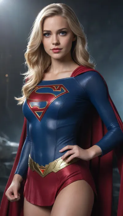 Young, verry attractive Supergirl, long blond hair, full breast, .