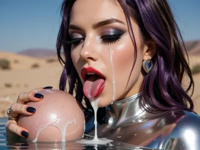 GOLN BULJ, Mutant girls live on a desert planet where mercury is replaced by water. They have silvery skin with a sheen like mercury. very large lips with a red outline smoothly turning into pink. they have lips instead of an anus, just like a mouth, and a big, plump pussy with iridescent iridescences. a whitish liquid oozes out of the pussy. The sexy pose shows off the beauty of her genitals.beautiful breasts and long, wavy purple hair poses . She wears dramatic makeup, dark-colored nails, and jewelry female, heart-shaped face, soft jawline, ferocious makeup, heavy winged black eyeliner, shimmering charcoal eyeshadow, bold deep crimson glossy lipstick heavily smudged, dazed expression, eyes half-closed, thick white viscous ejaculate spurting across her cheeks and forehead, dripping onto her nose and lips, glistening wetness, damp dark espresso shoulder-length hair