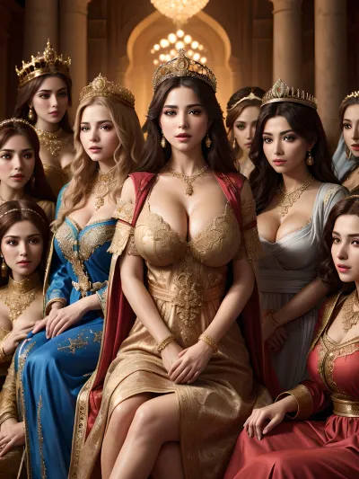 レディースインウェイトの彼女のグループに囲まれた精巧なドレスの高貴な女性の肖像画は、8k解像度と高解像度のテキストを使用して作成されました。 照明と影がドラマチックで、華やかな雰囲気を演出