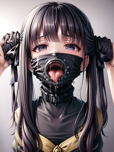 女性的面孔在超细的4k质量中被捕捉,具有完美的照明和最佳质量的完美照明. 照片上有个女人戴着金属项圈 嘴里插着胶环 框架