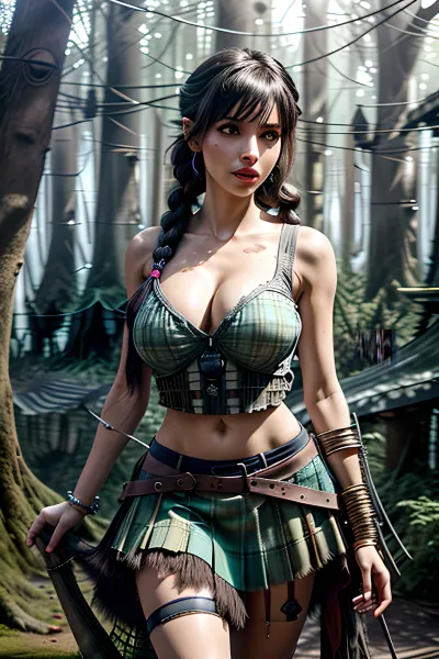 slim full body photograph of a black haired greek goddess persephone, ((persian girl)), (persian face), (hot girl), . steampunk, cyborg, cyber-goth, pixie-punk, She is thin and has breasts. She is fully clothed. Photo, age 20, long hair, bohemian hair style, many braids, detailed pixie hair, bangs hair, messy hair, sunset, (colour scheme, prussian blue, grey, tan, brown, silver, white, pink), (mini skirt), (petticoats), (brown and silver plaid skirt), (petticoat skirt), (plaid skirt), (grey cotton crop top), (leather harness), <lora:more_details:.5>, (background of ruined fantasy village covered in treehouse forest:1.7), a sexy fit model, with a toned body and long legs, <lora:natal33:.5>, (fabio cembranelli, faded colors, hd, 8k, art styles, highly detailed, digital painting, arts station, concept art, illustrated, tim burton, Quilting Art, Vivacious, Albert Lynch, Carne Griffiths, Jeremy Mann, Alberto Seveso, Brian Froud, Alice Pasquini, intense colors, realism)