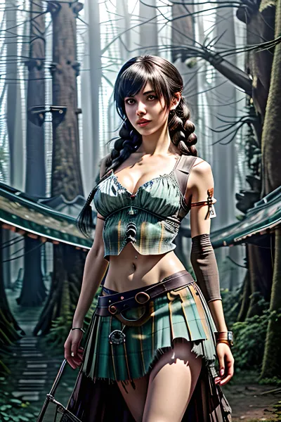 slim full body photograph of a black haired greek goddess persephone, ((persian girl)), (persian face), (hot girl), . steampunk, cyborg, cyber-goth, pixie-punk, She is thin and has breasts. She is fully clothed. Photo, age 20, long hair, bohemian hair style, many braids, detailed pixie hair, bangs hair, messy hair, sunset, (colour scheme, prussian blue, grey, tan, brown, silver, white, pink), (mini skirt), (petticoats), (brown and silver plaid skirt), (petticoat skirt), (plaid skirt), (grey cotton crop top), (leather harness), <lora:more_details:.5>, (background of ruined fantasy village covered in treehouse forest:1.7), a sexy fit model, with a toned body and long legs, <lora:natal33:.5>, (fabio cembranelli, faded colors, hd, 8k, art styles, highly detailed, digital painting, arts station, concept art, illustrated, tim burton, Quilting Art, Vivacious, Albert Lynch, Carne Griffiths, Jeremy Mann, Alberto Seveso, Brian Froud, Alice Pasquini, intense colors, realism)