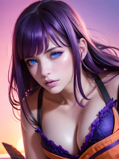 complex 3d render ultra detailed of a beautiful porcelain profile woman face, ((looks very sweet)), ((upper body, slim body, cleavage, showing boobs)), ((purple hair:1.5)), ((blue eyes)), 150 mm, beautiful pink studio soft light, purple rim light, vibrant details, luxurious, hyperrealistic, anatomical, facial muscles, elegant, octane render, DSLR, 8K, high quality, analog style, professional, detailed skin texture, detailed hair texture, detailed pores, best quality, highest quality, cinematic lighting, ((sweet face)), (volumetric lighting), extremely detailed CG unity 8k wallpaper, focused, 8k wallpaper, 4k wallpaper, extremely detailed, ultra realistic, photorealistic, sharp focus, pink purple dress, pink shoes, (HDR:1.2), (high contrast), photograph, detailed and intricate, instagram, highly detailed, digital painting, artstation, concept art, smooth, illustration, cinematic, (perfect blue eyes:1.5), ((background is pink and purple hues)), ((sunset:1.6)), <lora:d1pw3dd1ngSS:.5>