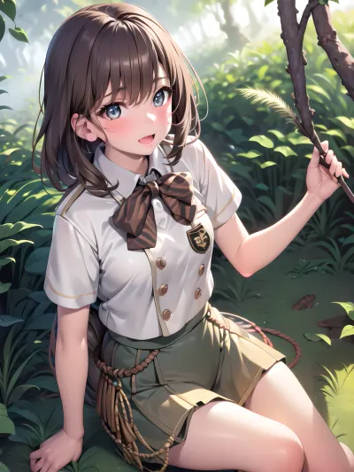 ld18, (masterpiece, best quality), warm and joyful atmosphere, (1girl), detailed face, beautiful eyes, perfect illumination, (best shadow), (realism:1.3), (brown hairs:1.3), <lora:hipoly_3dcg_v7-epoch-000012:.2>, <lora:bangdream_kurata-10:.5>, <lora:xiong:1>, (medium breasts:1.2), (depth of field:1.2), (jungle background:1.3), (white scout outfit:1.3)