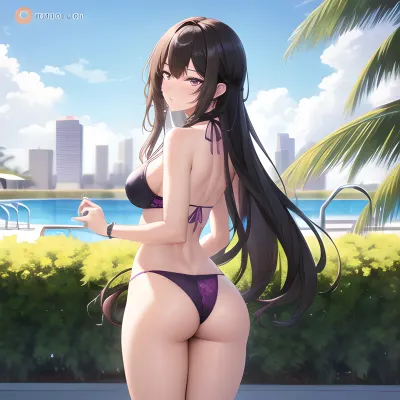 Das Brünette Mädchen stand am Pool des Hotels, ihre langen Haare fließen im Wind. Sie trug einen lila Bikini, der ihre Kurven perfekt umarmte. Ihr runder Arsch war auf vollem Display als sie verführerisch für die Kamera. Die Sonne
