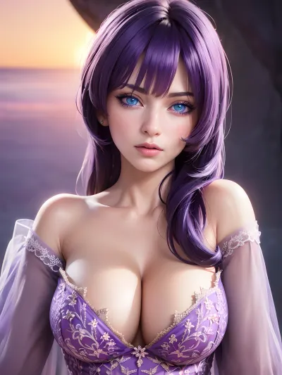 Uma foto deslumbrante de uma mulher em um vestido rosa e roxo com detalhes intricados, usando uma câmera alimentado por IA para capturar sua beleza