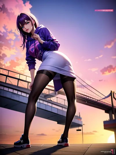An AI-generated art piece of an European gamer girl in a white hoodie dress, wearing a purple and pink hues of light, posing in an urban skatepark with dramatic cinematic sun set. The text reads: "AI-generated