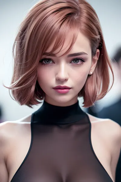 The woman in the photo is wearing a stunning pink dress with intricate details, and her hair is upswept, giving her an intense look. Her eyes are filled with intensity, and she has perfect makeup. The photo was taken using a Panason