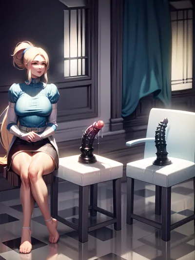 Uma jovem adulto senta-se em uma cadeira, de volta ao público, vestindo saltos altos e uma saia curta. Ela tem um vibrador na mão e está usando saltos altos. A imagem é tão detalhada que você pode ver a poça