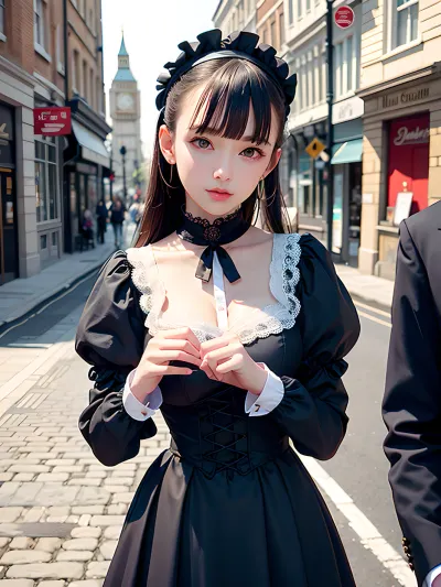 Ein junger Moderedaktionär Fotograf erfasst ein atemberaubendes Foto eines Mädchens, das einen viktorianischen Spitzenrock in London City Street trägt und die komplizierten Details des Outfits und der Umgebung des Mädchens zeigt. Der Schuss wird von einer meisterhaften Feldtiefe begleitet, die