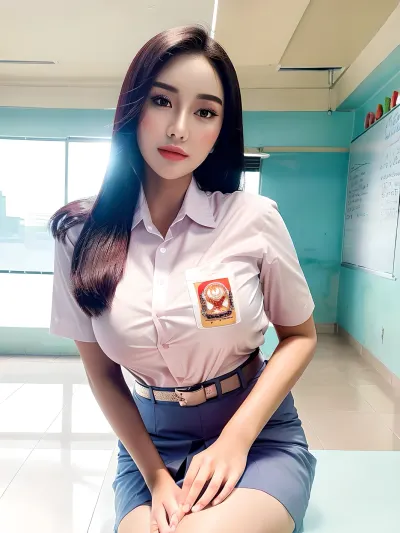 <lora:AS-YoungV2:1.3>, popular on social media, popular on instagram, instagram model, Mina Asmara, (a photorealistic of indonesian young adult girl inside classroom), (photorealistic:1.4), (masterpiece:1.4), (best shadow:1.4), best lighting, depth of field, best quality, high resoution, 8k, 1young adult girl, 18 years old, (looking at viewer), closeup, korean beauty, beautiful face, sharp nose, slim face, narrow chin, blush, heart shaped lips, <lora:koreanDollLikeness:.6>, <lora:indonesiadoll-puteri-v1.1:.5>, ((wearing indonesian high school uniform)), white shirt, indohighschool uniform, skirt, belt, dynamic pose, good hand angle, <lora:Indonesian High School Uniform:.6>, (breast), fantasy breast, ((at indonesian highschool classroom)), classroom atmosphere, classroom interior, detailed skin, detailed face, <lora:add_detail:.4>, <lora:add_saturation:.5>, <lora:add_brightness:.5>, .