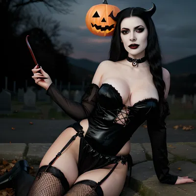 画面中的女人穿着全黑色的衣物,有窒息器和鱼网袜. 她有苍白的白皮肤,黑色的头发,浓重的化妆品,以及从嘴里滴出红色的液体. 她站在坟场前