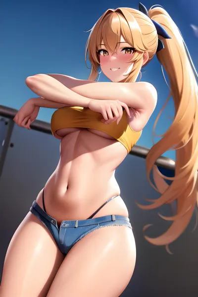 70mm lens, High resolution, Latino College girl, Very long hair, skin tight bootys, visible pussy lips, track and field background, stretching, looking at camera, photographed by a Nikon Z7 II Camera, hair in a ponytail, visible camel toe in s, visible outline of pussy lips in s, j0ng, denim, s, cutoffs, micro, <lora:j0ng:.5>
