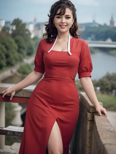 モスクワの川端のドレスで美しい女性の美しい1980年代のピンアップスタイルの写真は、彼女の顔に笑顔で、高い定義と8k解像度で撮影され、本物のソ連の経験です