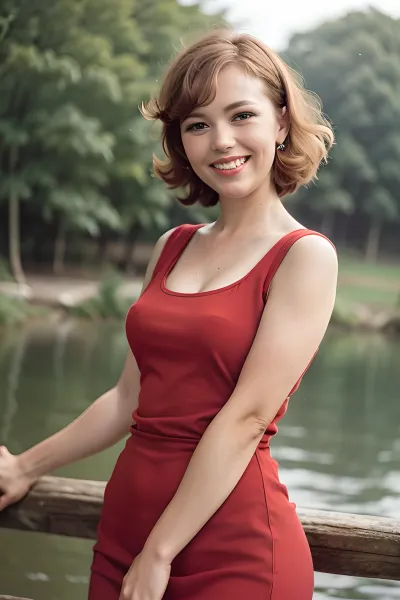 Eine atemberaubende Rothaarige in einem sowjetischen Pinupkleid, mit einem Lächeln und voller Länge Pose, wurde im Moskauer Park gefangen. Das Foto wurde in den 1980er Jahren aufgenommen und hat eine hohe Definitionsqualität. Die Frau trägt eine 8k