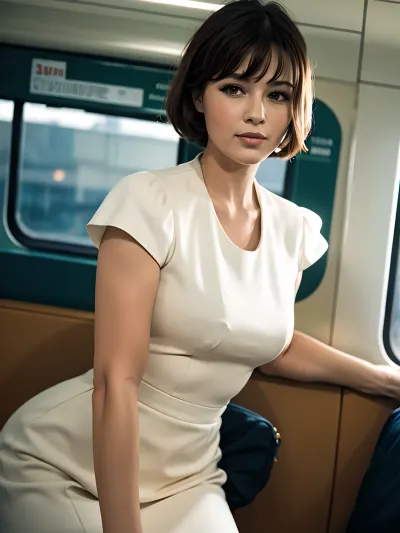 best quality, ultra-detailed, masterpiece, finely detail, highres, 8k, caucasion brunette woman, straight cut bangs, 1980s model, (painting), in the Moscow, USSR maid, On the train, evening, beautiful dress, in the ussr, Happy woman, 50sphotorealistic, Blonde, blue eyes, <lora:womSov:.5>, dawma3, <lora:Mary Ann_dawma3:.5>, realistic photo, #sovietpinup, #TypicalSovietwoman, #VeryHappy #woman, #Russian, #smile, #1980s, #retro, #street, #park, #USSR, #Moscow, #Ссср, ((bimbo make up)), style, Soviet, Typical Soviet woman, 1940s style, ussr, Moscow, Very realistic woman, FASHION PICTURE, DYNAMIC POSE, FULL LENGTH PICTURE, full body visible, slim Woman, 40 years old, A communist woman, pin up, ((USSR Epoch)), beautiful style dressdress, In stockings, extremely ce, perfect lighting, retro lut, retro style, 8k woman, russianebenya, 80s style hair, <lora:russianebenya_v2:.5>, professional modelshoot, 1980s, <lora:RetroFusion v1.0.0:.5>, <lora:Natalia Trubnikova:.5>