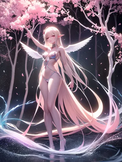 En el bosque encantado, una mujer con patas largas y movimientos elegantes bailaba bajo el cielo iluminado por la luna. Su atuendo de color rosa brillaba en la luz de la luna, adornado con delicadas gemas y flores. Era un elfo