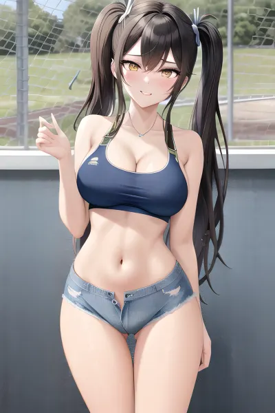 70mm lens, High resolution, Latino College young adult young adult girl, Very long hair, skin tight jean s, visible pussy lips, track and field background, stretching, looking at camera, photographed by a Nikon Z7 II Camera, hair in a pigtails, visible camel toe in s, visible outline of pussy lips in s, j0ng, denim, s, cutoffs, micro, dolphin, <lora:j0ng:.5>, pigtail_hairstyle, <lora:pigtail_hairstyle:.5>, sports, bra, <lora:sportsbrav1:.5>