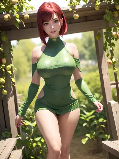 Alissa, 23 세 아일랜드 bimbo, 그녀의 voluptuous 몸과 숨막히는 아름다움과 함께 orchard에서 포즈. 그녀는 단단한 코르셋과 스타킹을 입고 그녀의 곡선을 악센트. 사진 촬영