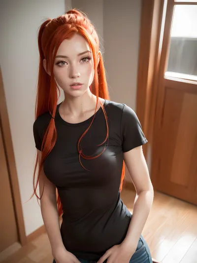 年轻的成年女孩拥有最美丽的红发,这是任何人见过的. 她站在一张照片里 她的脸被镜头的温暖照亮了 她的皮肤光滑无瑕 她的雀斑完美无缺