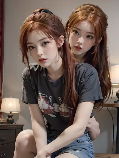 红头发的年轻女子 假扮拍照, 她的身体完全对齐 在镜头前。 她长得漂亮 眼神浓郁 让你觉得你正看着她 她的皮肤很光滑